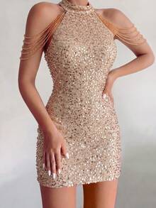 Women's Champagne Sequin Halter Neck Sleeveless Fitted Short Dress, Suitable For Cocktail Parties And Formal Events - Champagne - View 9