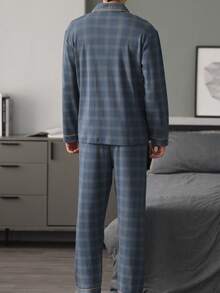 CJGD Men's Plaid Lapel Long Sleeve Pajama Set With Long Pants, Casual Fashionable Loungewear For Home And Outdoor Wear - Navy Blue - View 2