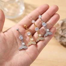 4Pcs Y2K Mermaid Tail Stainless Steel Belly Button Ring, Inlaid Zirconia Pearl Dangle Belly Piercings Jewelry For Women, Daily Wear Party Holiday Gift - Multicolor - View 2