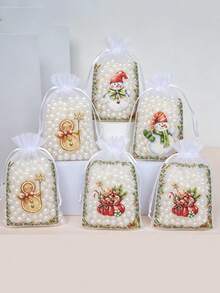 50/20/10/1pc Christmas Organza Gift Bags, Random Mix Style Drawstring Treat Pouches, Festive Holiday Favor Wrapping Bags, Sheer Mesh Goody Candy Pouches Ribbon Closure, For Christmas Party, Wedding Favors, Jewelry, Craft Storage - One Size Fits All - View 4