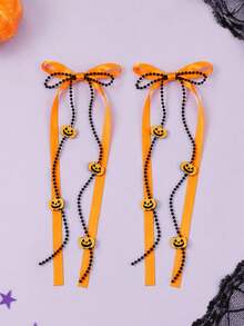 2pcs Halloween Ghost Pumpkin Bow Hair Clips, Ribbon Long Tail Ghost Pumpkin Pendant Hair Clips, Fun Halloween Party Gift Hair Accessories - Orange - View 3