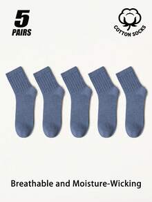 5/6 Pairs Men Cotton Grid Jacquard Crew Socks, Breathable Moisture‑Wicking Mid‑Calf Socks, Solid Color Soft Ribbed Cuff Casual Daily Socks For Men - Multicolor - View 13
