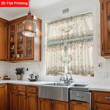 2pcs/ 1pc Kitchen Curtain Set,Watercolor Pink Tulip Floral Wreath Green Foliage Border Pattern Printed Curtain Combination,2D Flat Print,Suitable For Kitchen,Restaurant,Home Decoration,Curtain Decoration Curtains + Window Curtain - Multicolor - View 2