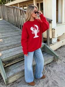 Women's Autumn/Winter Fashion Casual Vintage Contrast Color Shrimp Jacquard Knit Pullover Sweater Red Fall - Red - View 2