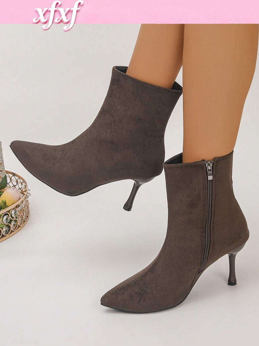 XfxfA Pair Of Women's Pointed Side Zipper Slim Heel Boots, Suitable For Commuting/Dating/Daily Street Wear In The Workplace. - Coffee Brown - View 1