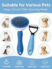 2-In-1 Pet Grooming Comb Set, Double-Sided De-Matting Comb & One-Click Self-Cleaning Slicker Brush, Hair Removal Tool For Cats And Dogs, Pet Shedding Cleaning Grooming Accessories - Multicolor - View 6