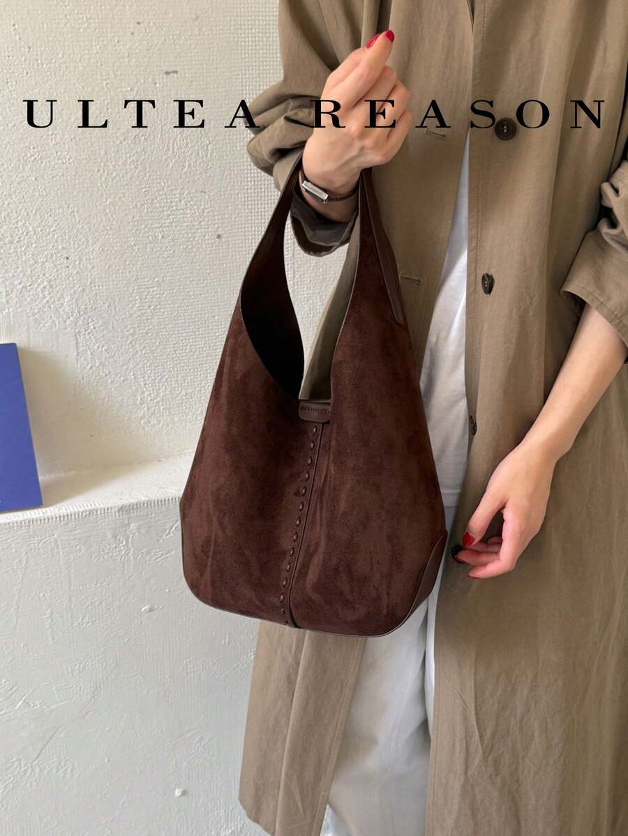 1pc Solid Color Large Capacity Suede Shoulder Bag, Tote Bag, Handbag, Autumn/Winter New Style, Casual Vintage, Smooth Fabric Feel, Magnetic Closure, Suitable For Commuting, Work, Dating
