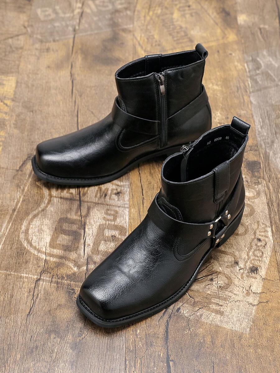 Men's High Heel Square Toe Chelsea Boots, Height Increasing British Style Side Zipper Cross Strap Ankle Boots, Business Casual Fashion Boots
