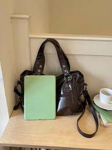 Minimalist Soft Leather Large Capacity Tote Bag With Loose Body And Ample Storage Space, Easily Organizes Books, Tablets, Umbrellas, Cosmetics, Supports Hand-Carry, Shoulder, Crossbody Multiple Carrying Ways, Suitable For Classes, Daily Commute, Short Trips - Coffee - View 3