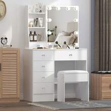 Teousev Dressing Table With LED Lights Mirror & Stool, Vanity Makeup Table With 5 Drawers, Open Storage Shelves, 3 Colour Adjustable Light, Lockable Drawers, White Cosmetic Desk For Bedroom - White - View 7