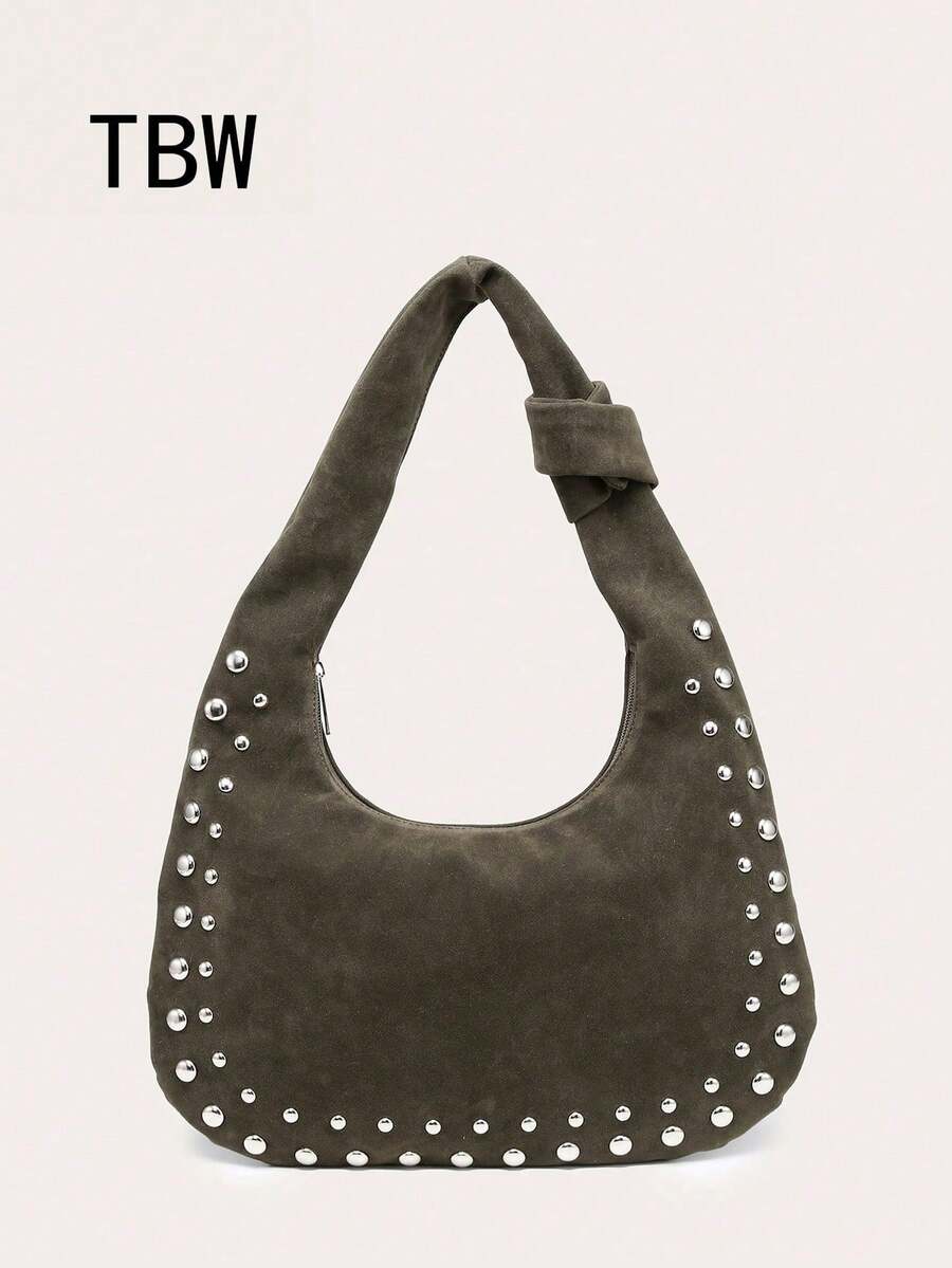 Women's Crescent Shoulder Bag, PU Material, Large Capacity, Stud Decor, Vintage Style, Suitable For Commuting And Outings - Army Green - View 1