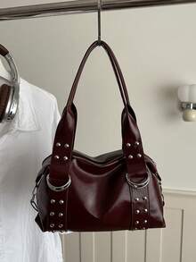 1pc Rivet Multifunctional Black Bag, Vintage Motorcycle Style Rivet Decor PU Leather Shoulder Bag, Punk Rock Style Underarm Bag, Suitable For Commuting, Dating, Party And Music Festival - Burgundy - View 11