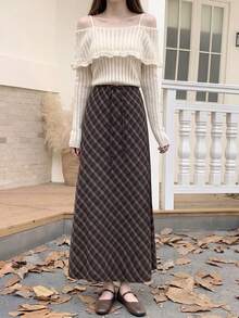 Women's Fashion Long A-Line Plaid Skirt, Drawstring Waist Design, Woven Fabric, Elegant Autumn Style - Coffee Brown - View 5