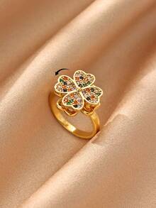 Colorful Cubic Zirconic Heart Four Leaf Clover Rings For Women Anti Stress Anxiety Fidget Ring Luxury Spinner Jewelry Christmas Gift - 6 - View 7
