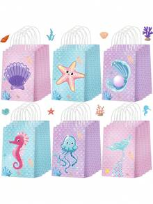 6/12/18/24/30/36pcs Paper Mermaid Theme Ocean Shell Pearl Octopus Dolphin And Other Marine Animal Gift Bags, Suitable For Birthday Party, Theme Party Favors And Gift Bags - Ocean Paper Bag - View 1