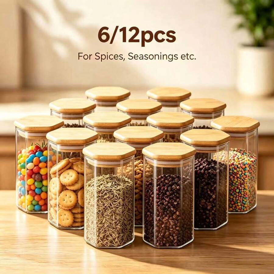 Glass Storage Jars With Bamboo Lids, Hexagon Clear Food Canisters Set, Airtight Kitchen Containers For Candy, Cookies, Grains, Spices, Nuts, Dry Pantry Organizer Jars For Countertop Cabinet, 6/12 Pack - View 1