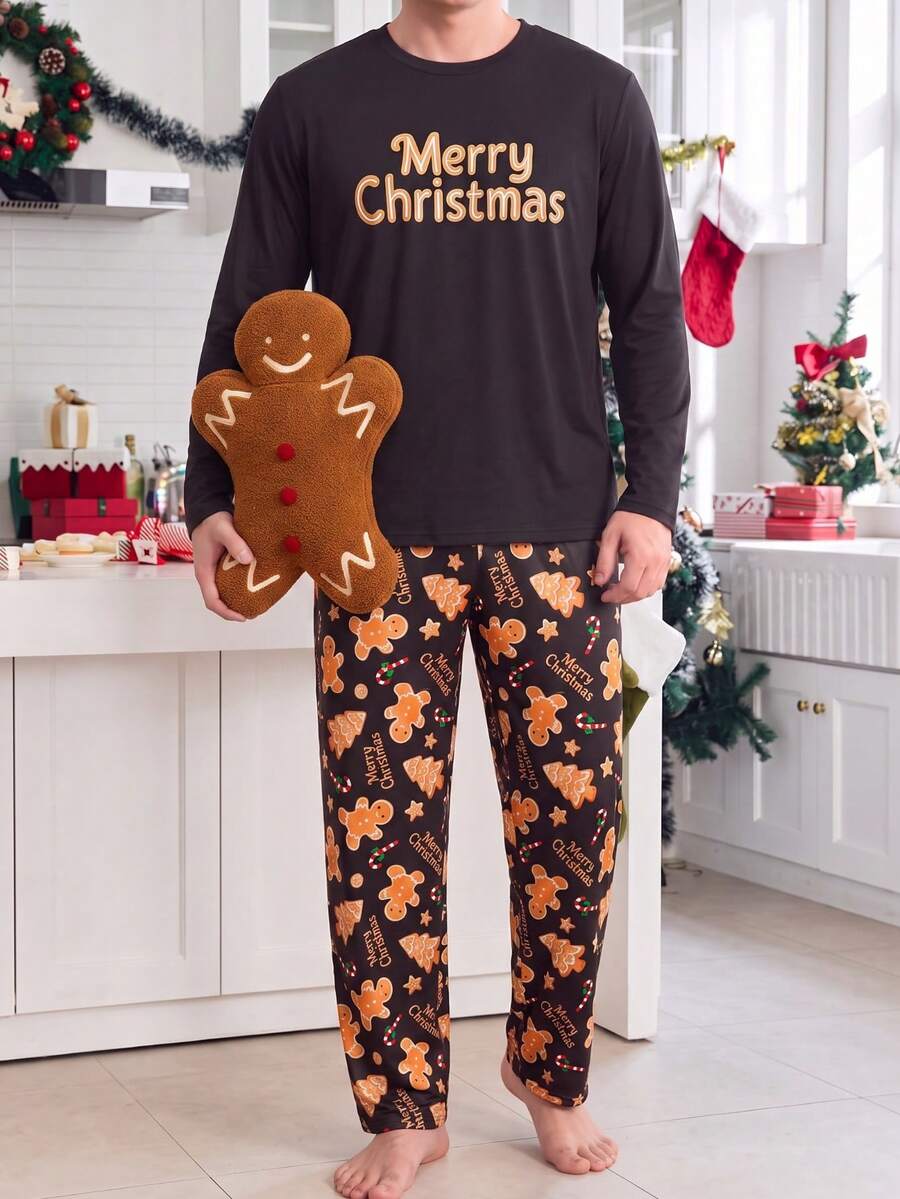 Plus Size Men's Christmas Pajama Set, Gingerbread Letter Print Long Sleeve Top + All-Over Gingerbread Print Pants, 2 Pieces Loungewear Set, Autumn/Winter Christmas Sleepwear - Black - View 1