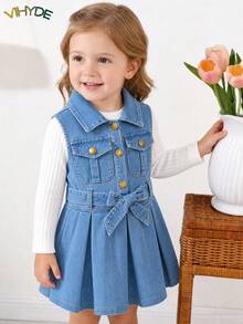 Vihyde Girls Korean Style Long Sleeve Inner Layer & Denim Pleated Pinafore Dress & Belt 3 Pieces Set - Light Wash - View 2