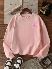 Áo nỉ nữ thu/đông mới họa tiết nơ hồng dễ thương, cổ tròn, thời trang, đa năng, phong cách thường ngày - Hồng - Xem 5