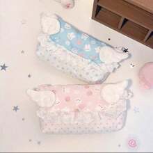 1pc Pink Star Rabbit Lace Ruffle Edge Spandex Bag, Foldable Design With Bow Detail, Soft Fabric Storage Organizer Box For School Supplies, Office Stationery, Makeup Brushes And Small Accessories, Multi-Functional Cosmetic And Travel Storage Bag - A - View 4