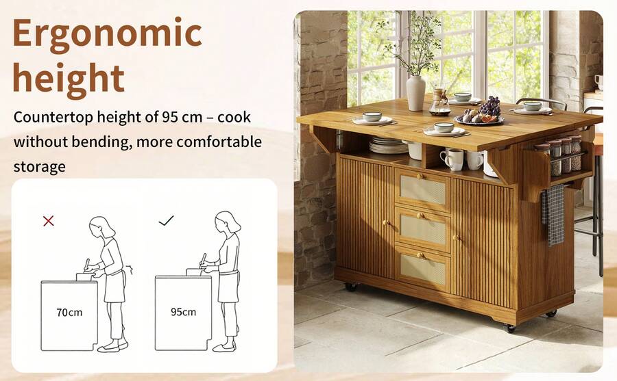 Kitchen Island Brown With Storage Adjustable Foldable Made Of Wood For Kitchen - 棕色 - 查看 1