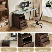 Modern Desk With Glass Top, 3 Drawers, Open Shelf And Metal Frame, Brown - 棕色 - 查看 8