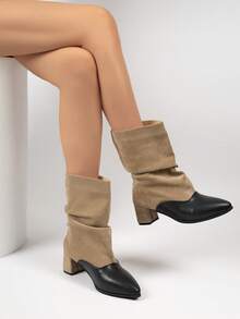 Western Style Holiday Pointed Toe Color Block Chunky Heel Women's Ankle Boots, Suitable For Party, Date, Shopping, Commute, Fashionable Women's Ankle Boots - Khaki - View 3