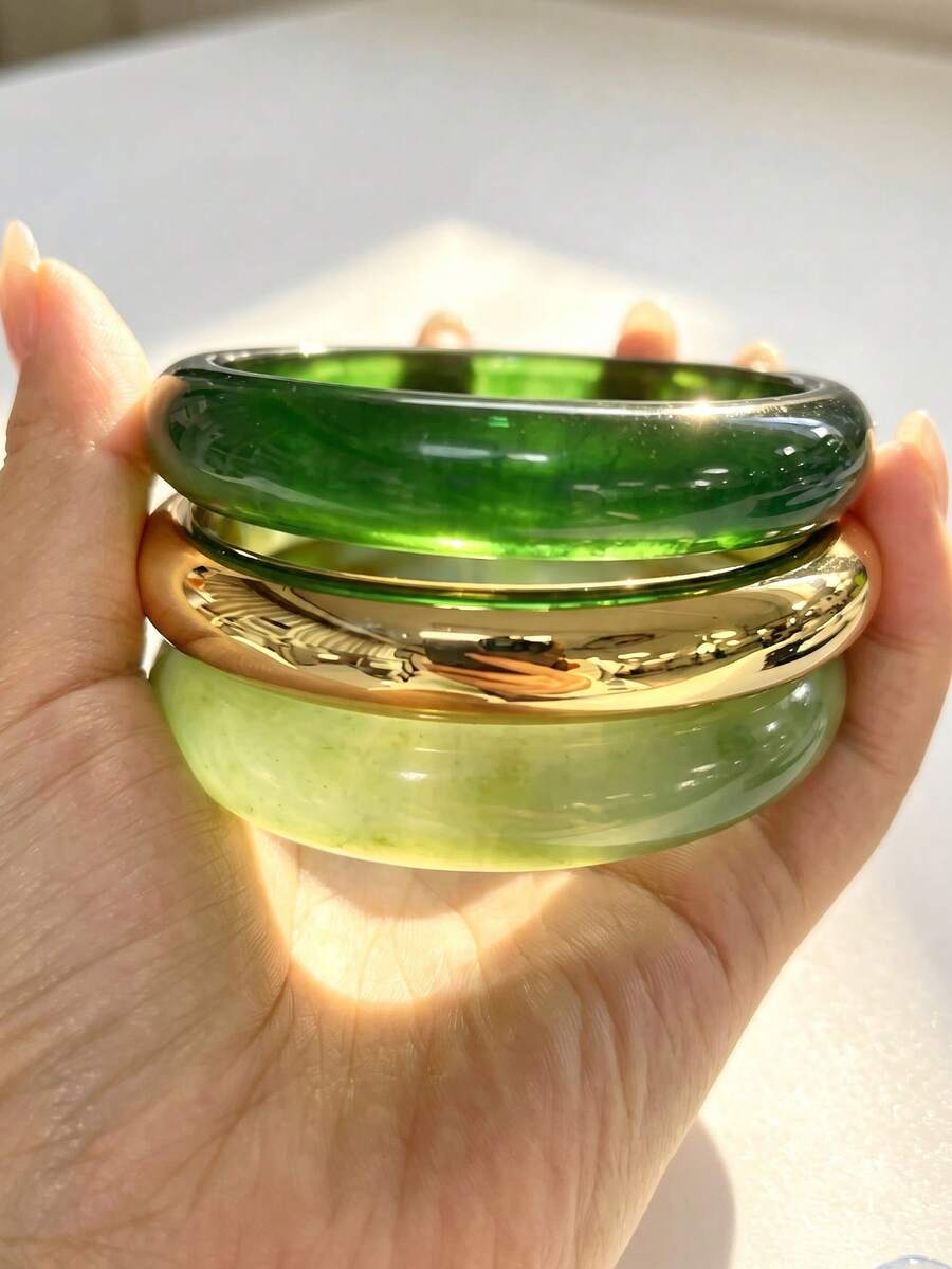 3pcs/Set Transparent Resin Bangle With Color-Block Gold Rim, Fashionable Personalized Women's Bracelet Accessory - Green - View 1