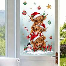 1pc Cute Highland Cow Wearing Christmas Hat Window Sticker, Double-Sided PVC Static Cling Window Sticker, Suitable For Living Room, Bedroom, Kitchen, Shop And Home Decor - Multicolor - View 4