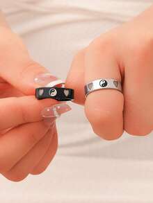 ATLVXJL 2pcs/Set Glowing Couple Rings, Family & Friendship Style, Luminous Double Heart Yin Yang Pattern, Silver & Black Stainless Steel, Casual Jewelry Rings Suitable For Daily Wear And Holiday Gift Giving - Multicolor - View 2