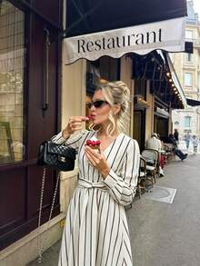 Women's Striped V-Neck Casual Spring/Autumn Travel Minimalist Cinched Waist Dress - Apricot - View 7
