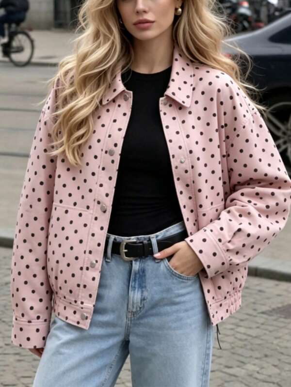 Polka Dot Woven Fabric Zipper Autumn Clothing, Women's Winter Jacket Daily Travel Airport Outfit College Pink Polka Dot Coat, Autumn Outfit