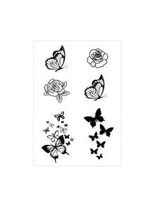 1 Sheet Elegant Black Outline Butterfly Rose Fake Tattoo Sticker, Minimal Floral Insect Temporary Tattoo, Sweat‑Resistant Waterproof Body Decal, Chic Pattern For Fingers Hand, Fashion Body Accessory For Young Ladies - Black - View 4