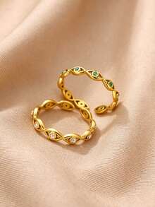 Green Stone Cubic Zirconic Evil Eye Open Rings For Women Gold Plated Adjustable Finger Ring European And American Fashion Jewelry Accessories - Yellow Gold - View 14