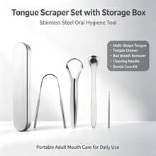 Tongue Scraper Set With Storage Box, Stainless Steel Multi‑Shape Tongue Cleaners, Fight Bad Breath, Multi‑Functional Cleaning Needle Included, Reusable Portable Dental Care Kit For Adults Household & Travel - Silver - View 2