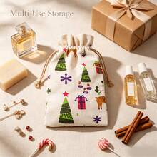Kantong Serut Natal Vintage, Motif Pohon Natal, Rusa Kutub, dan Kado, Tas Penyimpanan Kecil yang Dapat Digunakan Kembali, Cocok untuk Permen Pesta Natal, Perhiasan, Kosmetik, dan Kemasan Kado. - beraneka warna - View 9