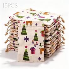 Kantong Serut Natal Vintage, Motif Pohon Natal, Rusa Kutub, dan Kado, Tas Penyimpanan Kecil yang Dapat Digunakan Kembali, Cocok untuk Permen Pesta Natal, Perhiasan, Kosmetik, dan Kemasan Kado. - beraneka warna - View 4