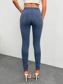 Women's High Waist Elastic Waist Blue Leggings Jeans - Blue - View 2