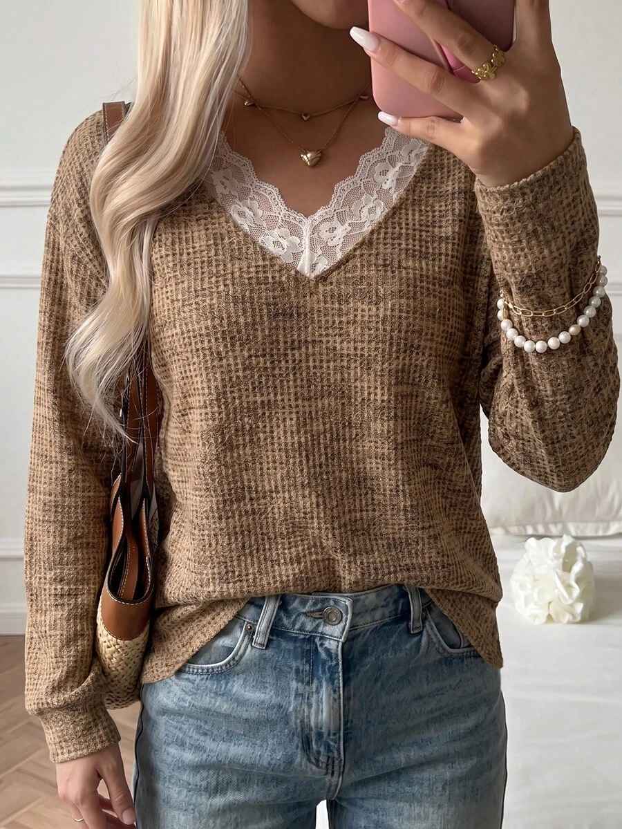 Autumn Business Casual Long Sleeve Knit Top, Brown Floral Grey Lace V-Neck Waffle Knit Loose Soft Knit Shirt, Daily Layering Basic Fall - Mocha Brown - View 1