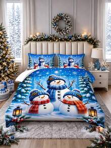 3pcs Christmas Theme, Blue Background Cute Snowman Christmas Pattern Bedding Set Quilt And Pillowcase 3 Pieces Set - Soft, Comfortable And Breathable Bedding, 200g Quilted Filling, Includes 1 Quilt And 2 Pillowcases (Pillow Inserts Not Included) - Perfect Choice For Home Or Dorm Christmas Decoration - Multicolor - View 8