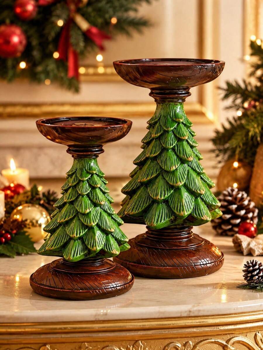 1pc Christmas Tree Candle Holder, Resin Holiday Candle Stand, Vintage Green & Brown Christmas Tabletop Decor, Suitable For Mantel, Fireplace, Dining Table, Living Room, Christmas Home Decoration, 2 Sizes - Multiple Styles - View 1