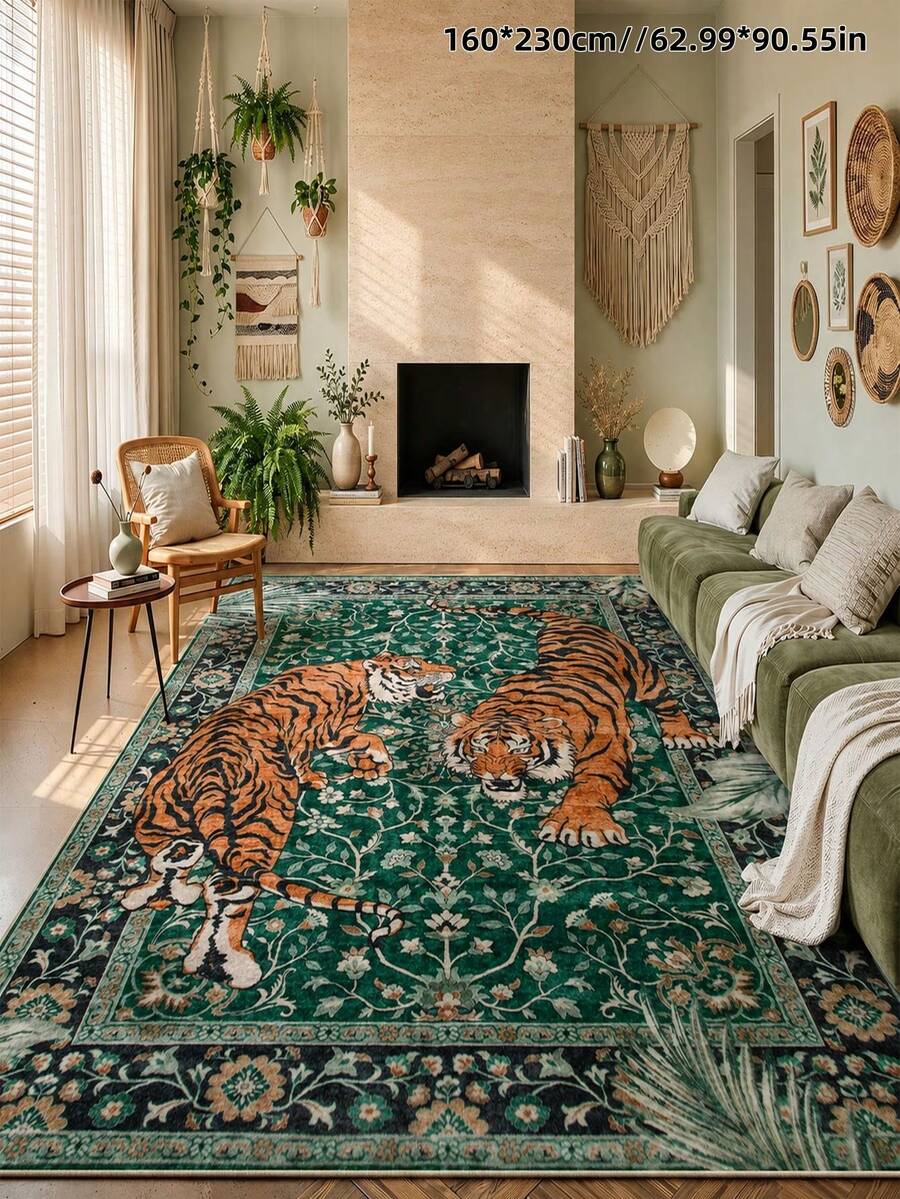1pc Tiger Stripe Area Rug, Bohemian Style Machine Washable Living Room Carpet, Vintage Soft Dining Room Rug, Non-Slip Wear-Resistant Large Rug, Suitable For Office, Bedroom, Living Room, Entryway Welcome Mat - Green - View 1