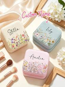 Personalized Beige Jewelry Box, Customizable Name Travel Jewelry Box, Suitable For Bridesmaids, Couples And As Gifts; Equipped With Fabric Lining And Zipper Closure, Combines Storage Function; Suitable As Valentine's Day, Christmas, Birthday Gifts Or Thoughtful Gifts For Her; Portable Design, Unique Gift For Women, Men, Sisters Or Close Friends. - Multicolor - View 4