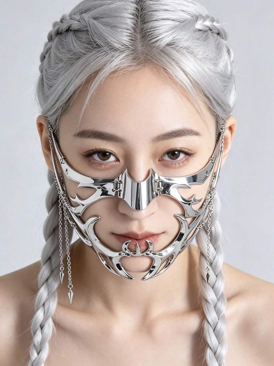 Cyberpunk Gothic Silver Metal Face Mask Chain Spike Y2K Punk Face Accessory For Halloween Masquerade Party Rave - Silver - View 1