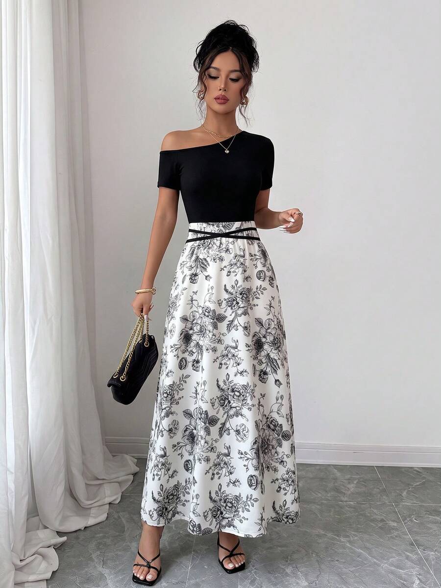 Women's Summer Asymmetric Neck Floral Dress - Black - View 1