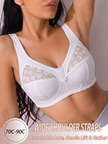 1pc Casual Comfortable Minimalist Women's Bra With Lace Patchwork, Wire-Free Back Design Lingerie - White - View 5