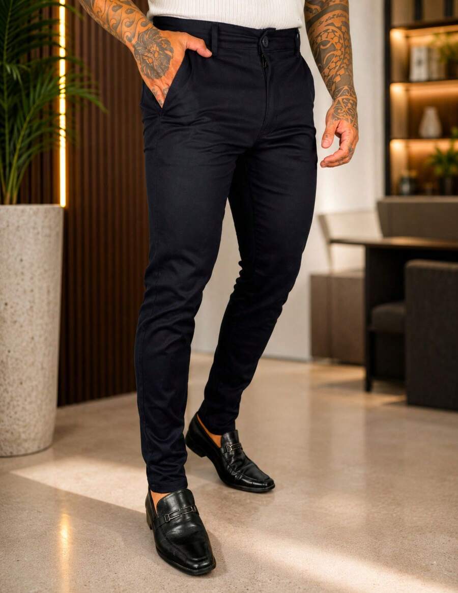 Calça Alfaiataria Sarja Masculina Bom Caimento Homens basicos minimalistas classicos lançamento 2026 fabricante fornecedr - Preto - Visão 1