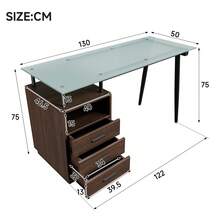 Modern Desk With Glass Top, 3 Drawers, Open Shelf And Metal Frame, Brown - 棕色 - 查看 2