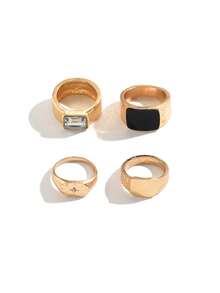4pcs/Set Drip Oil Versatile Rhinestone Inlaid Shiny Minimalist Stackable Rings For Women - Golden Yellow a - View 5