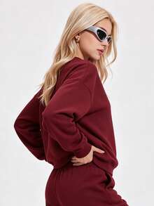 KyrLssu Sweatshirt Lengan Panjang Kerah Bulat Longgar Kasual untuk Wanita - Merah - View 2